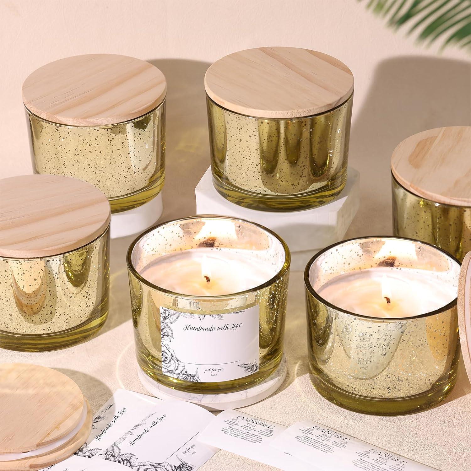 Simeitol 16 Oz Gold Candle Jars 6 Pcs with Bamboo Lids