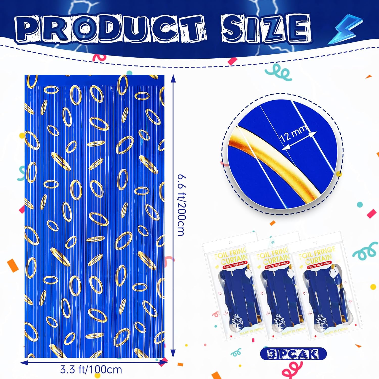 3 Pcs Blue with Gold Ring Print Party Backdrop Curtains