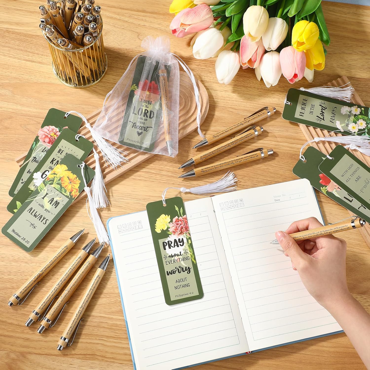 Spakon 100 Set Mothers Day Bible Verse Bookmarks Bamboo Pens Gift Bags