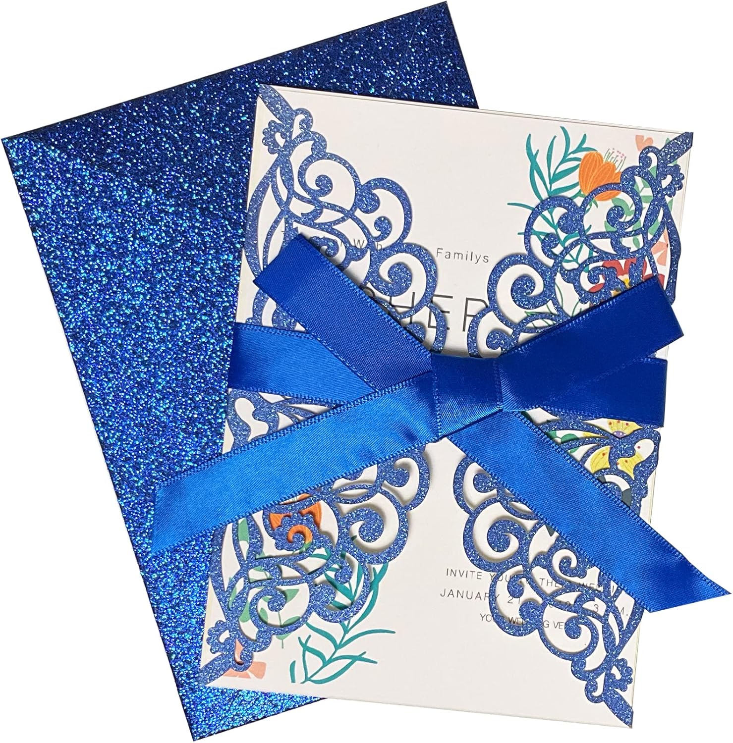 50Pcs Laser Cut Blue Wedding Invitations with Glitter Envelopes Ribbons