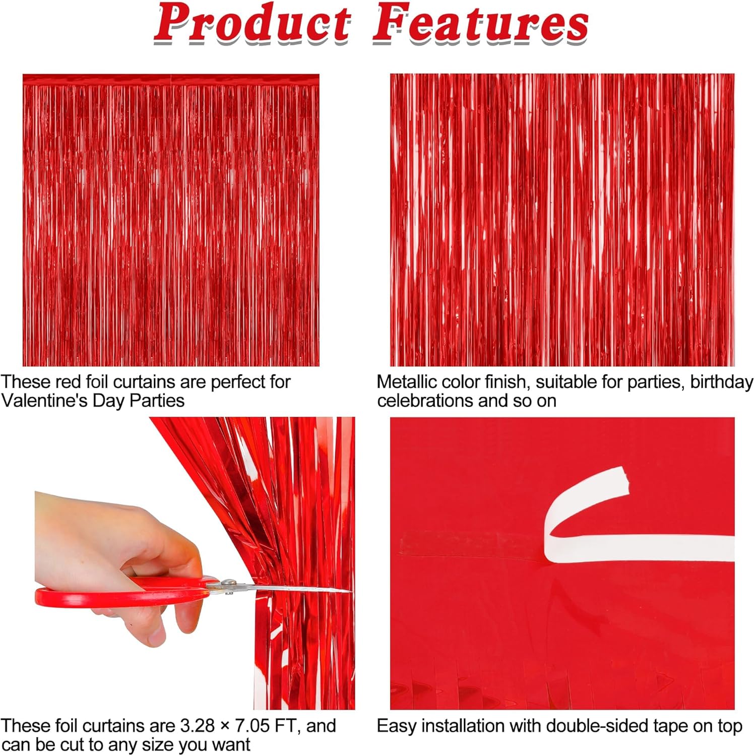 2 Pack Red Tinsel Backdrop Curtains for Wedding and Parties
