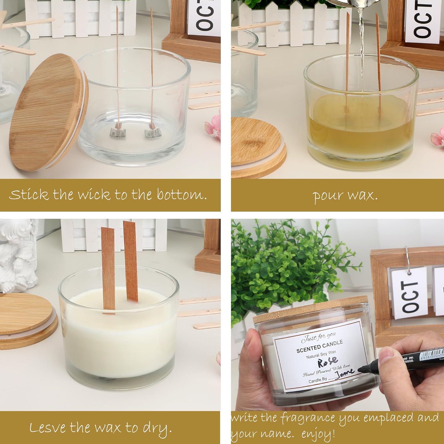 MILIVIXAY 6 Pack 16 oz Candle Jars with Bamboo Lids and Making Kit