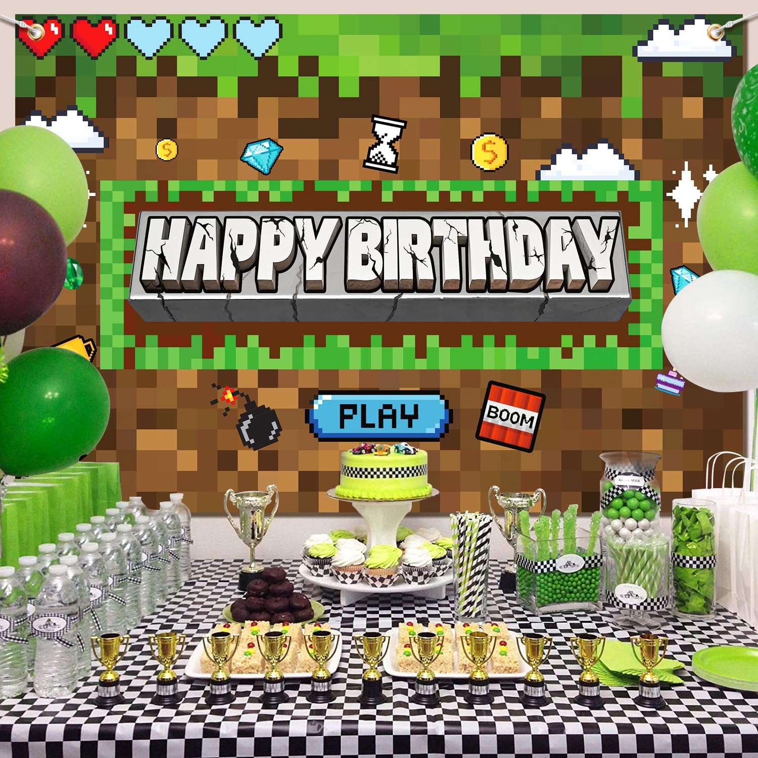 Pixel Miner Birthday Party Backdrop Banner 5x3ft