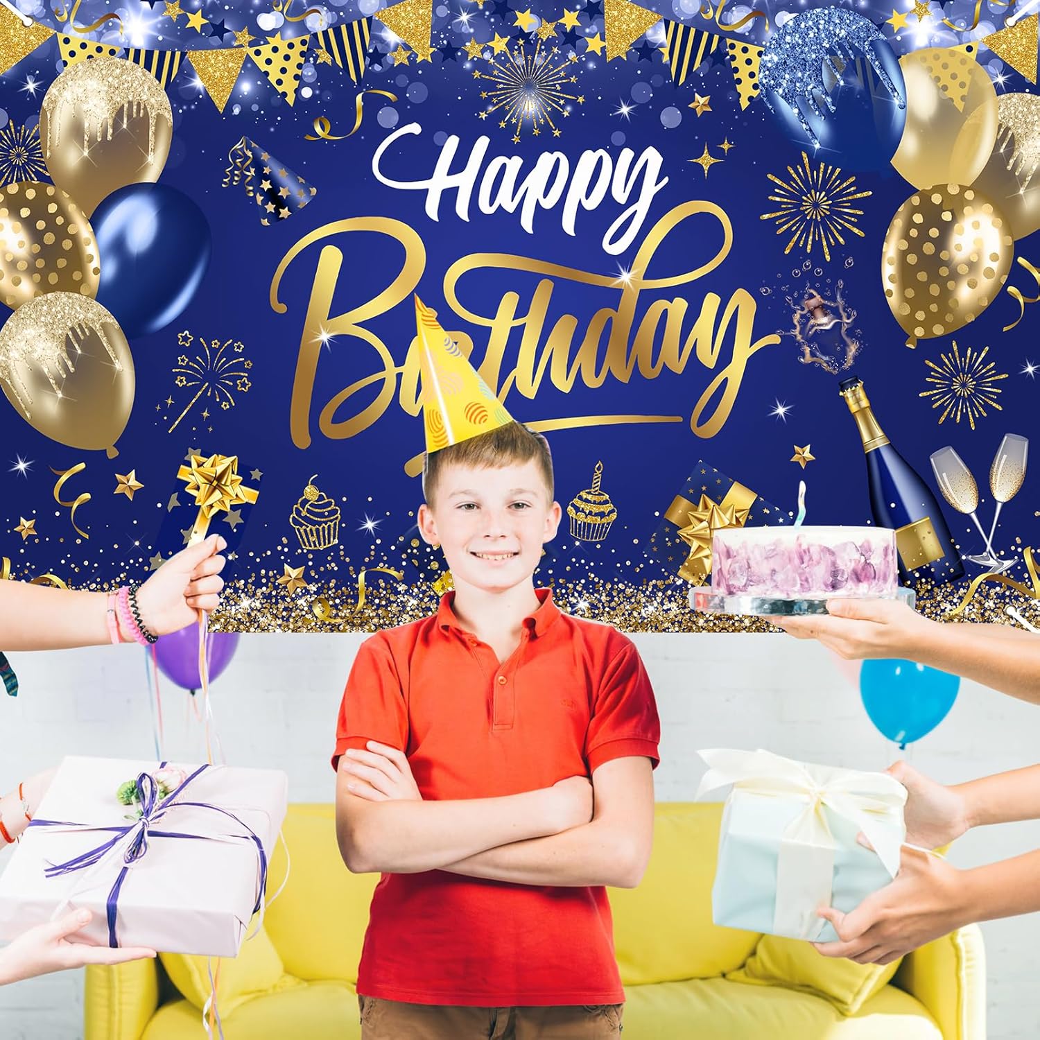 Mocsicka Happy Birthday Backdrop Blue Gold 6x36ft