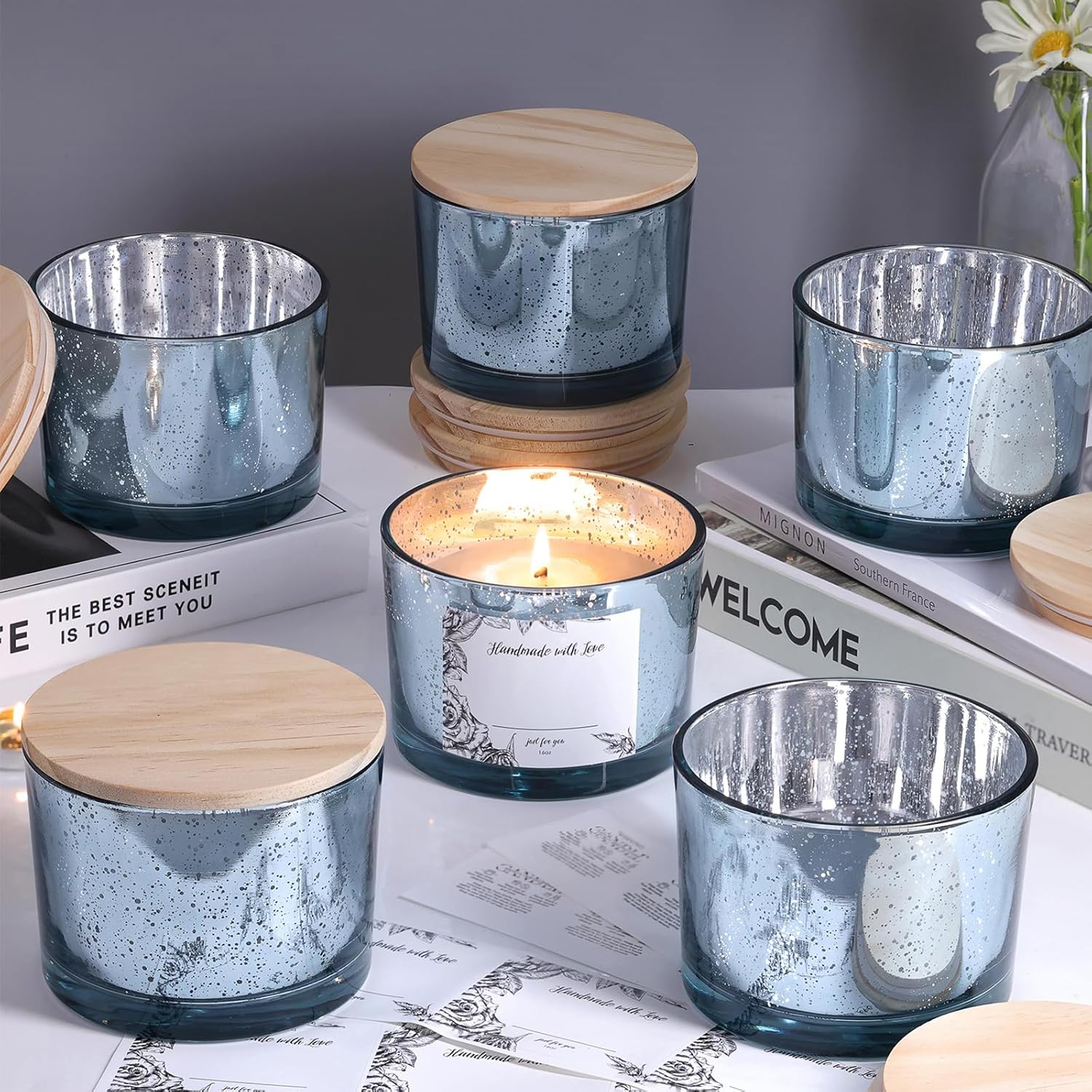 Simeitol 6pc 16oz Blue Candle Jars with Lids