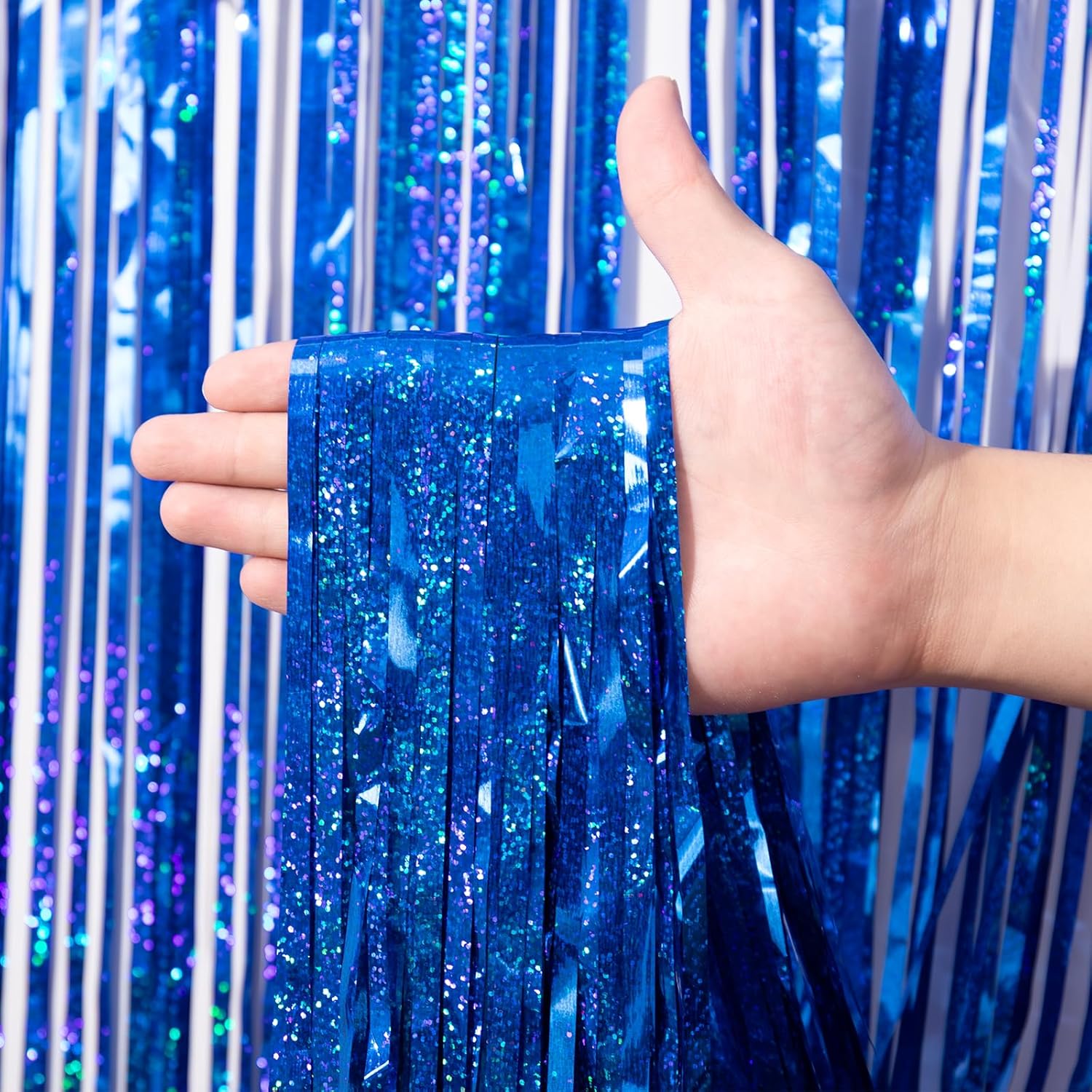 3 Pack Laser Blue Foil Fringe Backdrop Curtains for Parties