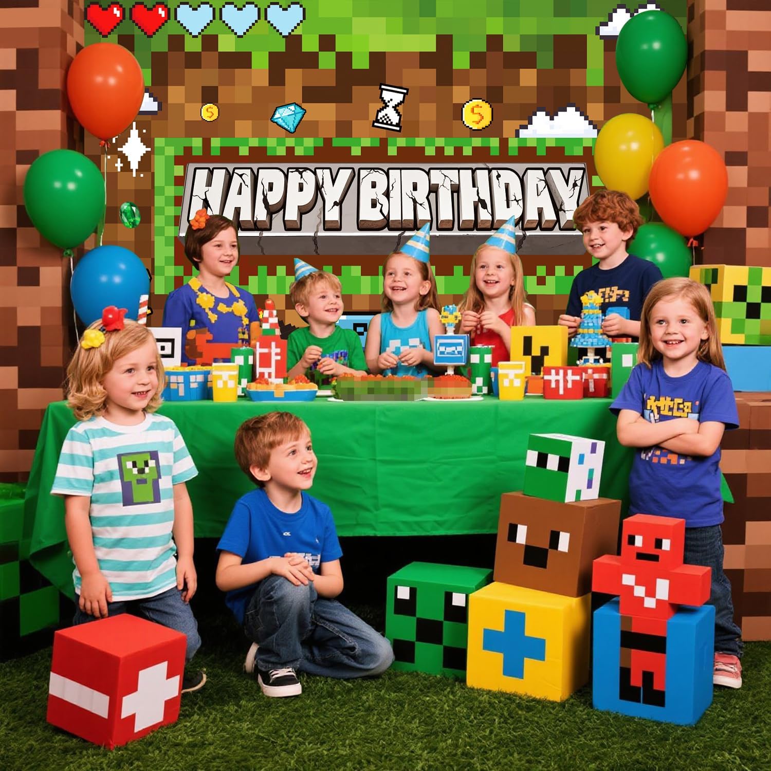 Pixel Miner Birthday Party Backdrop Banner 5x3ft