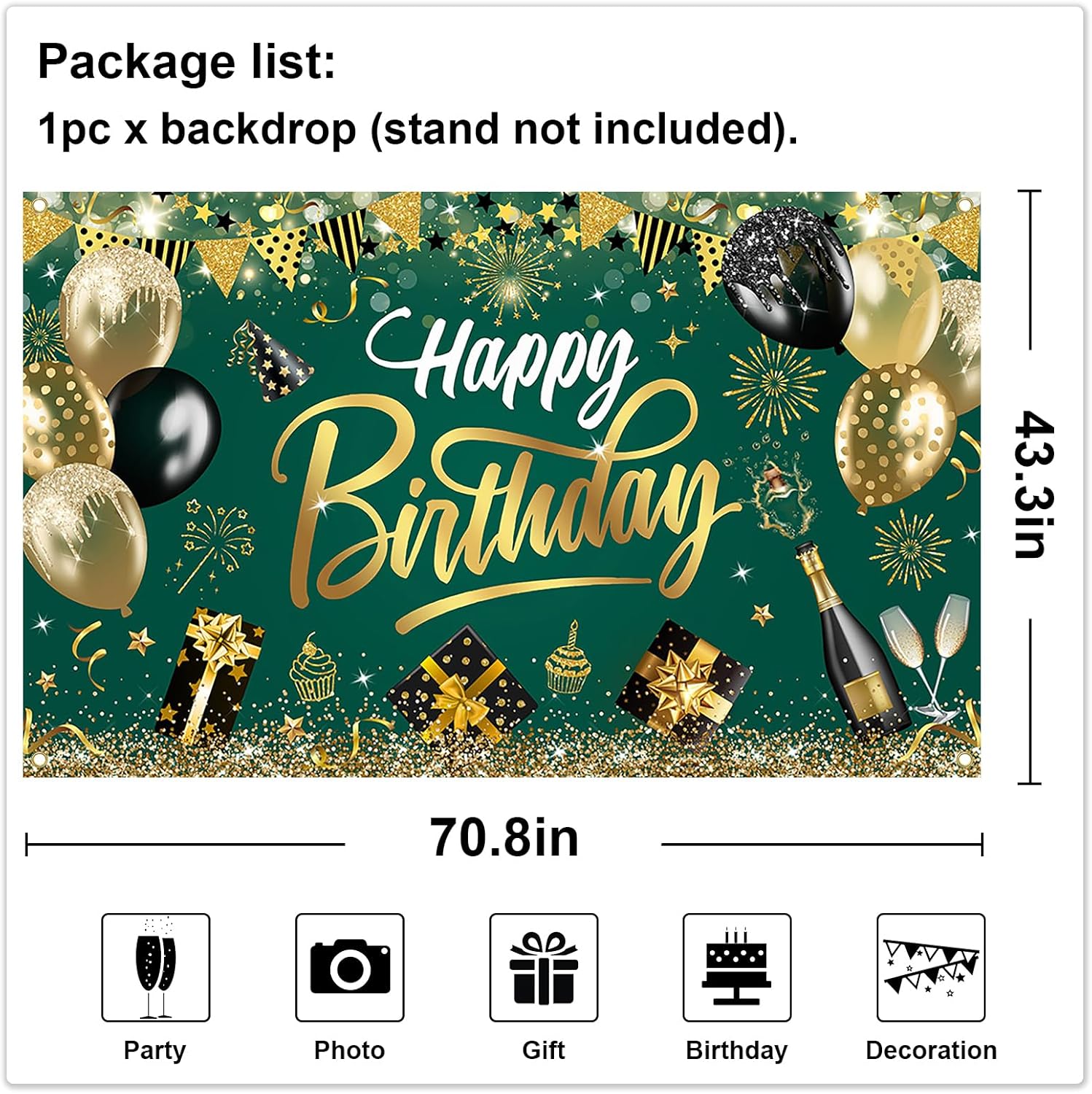 Happy Birthday Backdrop Green Gold Party Decoration Photo Booth Prop