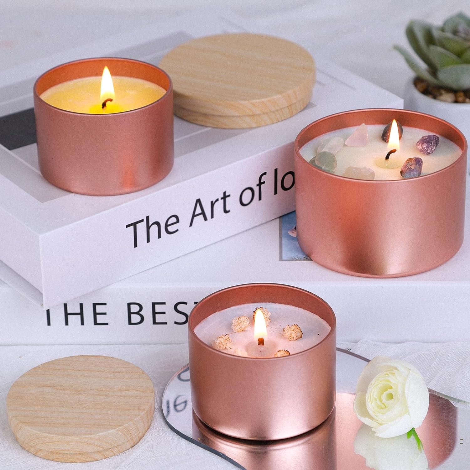 CONNOO 24 Pack Rose Gold Candle Tins with Lids for Candle Making