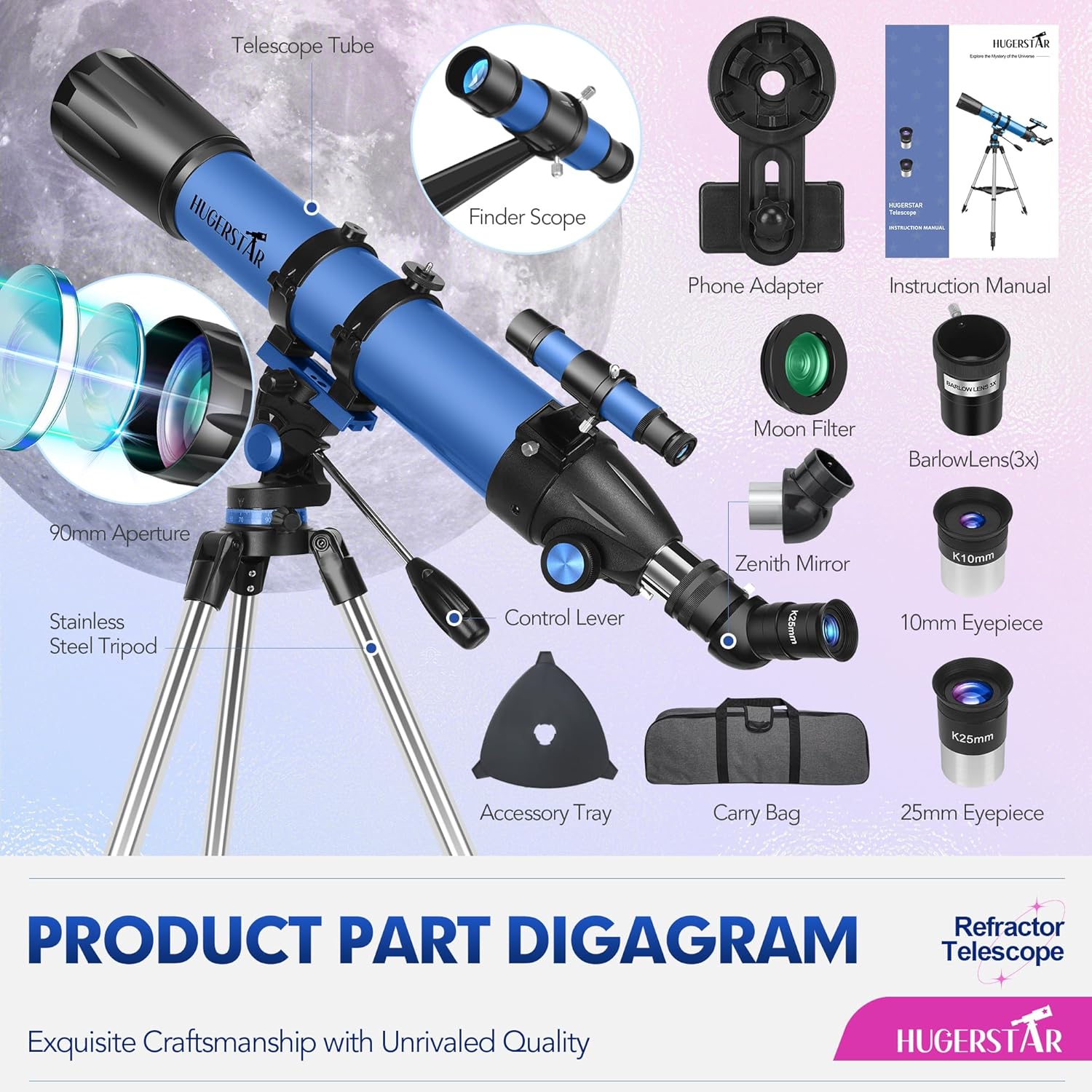 HUGERSTAR High-Powered 90mm Refractor Telescope with AZ Mount and Tripod