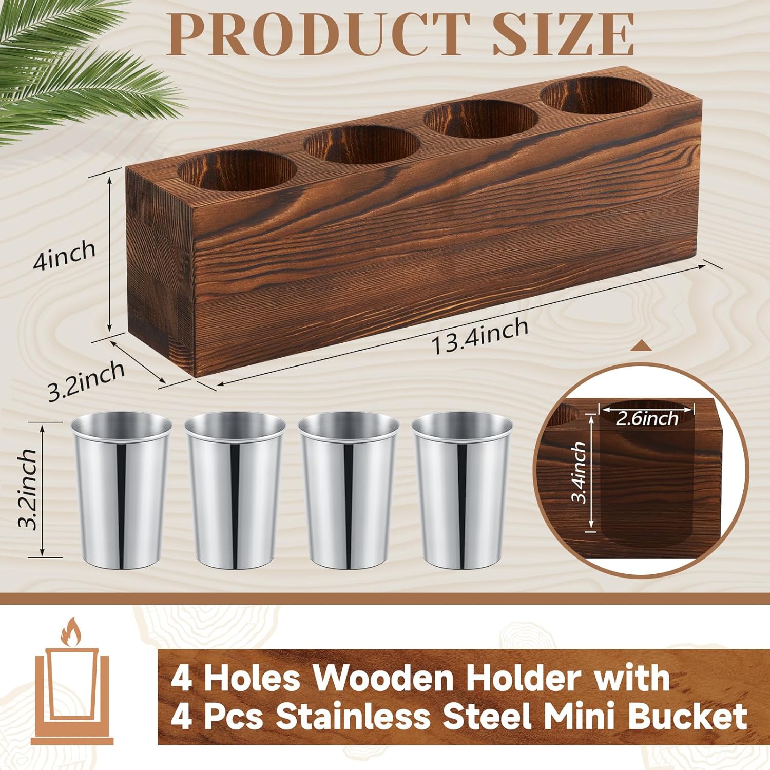 4 Hole Wooden Candle Holder with 4 Pcs Steel Bucket Mold