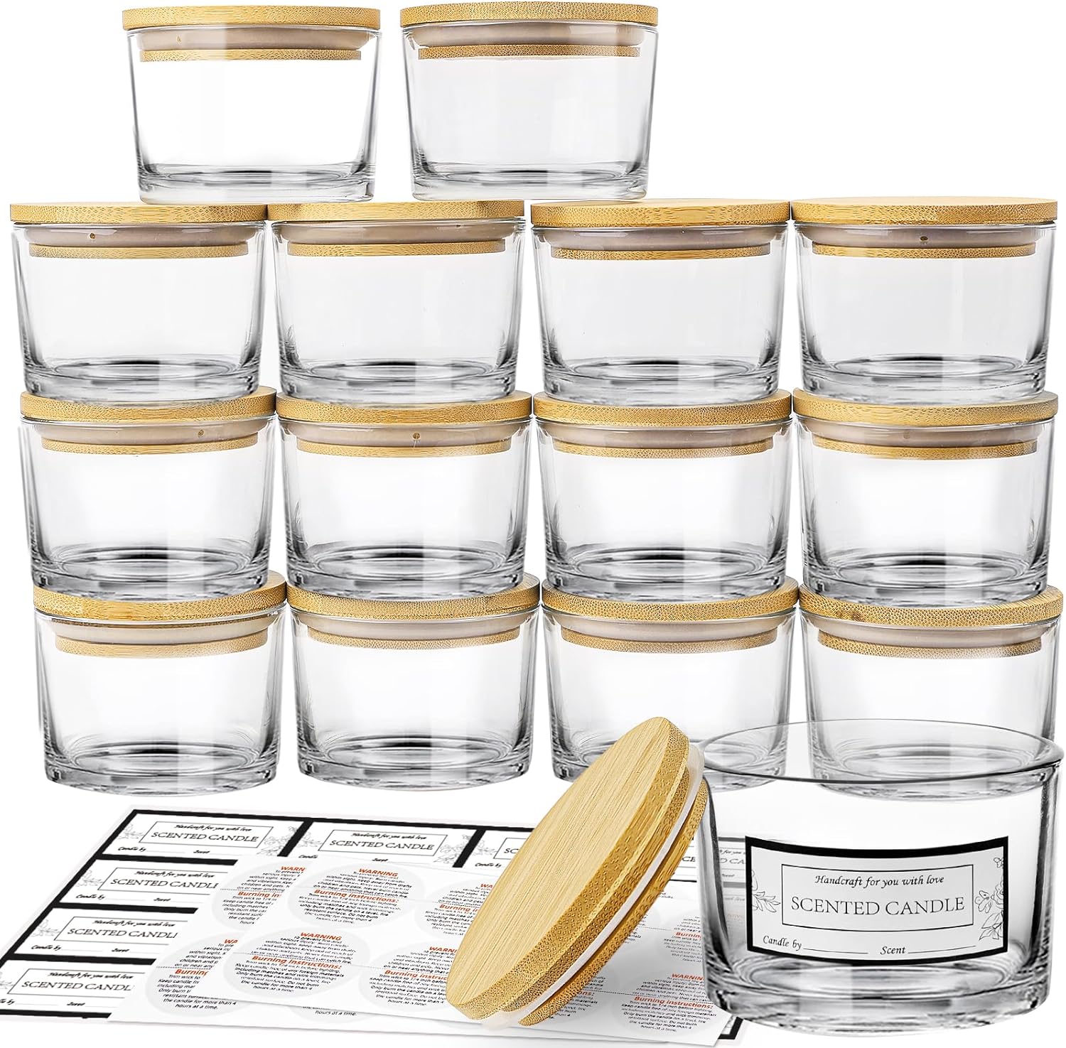 CONNOO 15 Pack 4 Oz Clear Glass Candle Jars with Airtight Bamboo Lids
