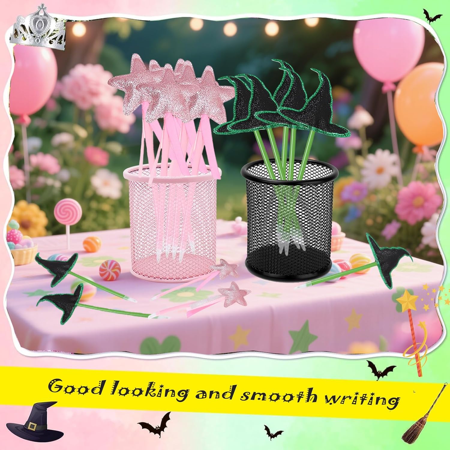 16 Pack Halloween Party Favors with Pink Star and Green Witch Hats