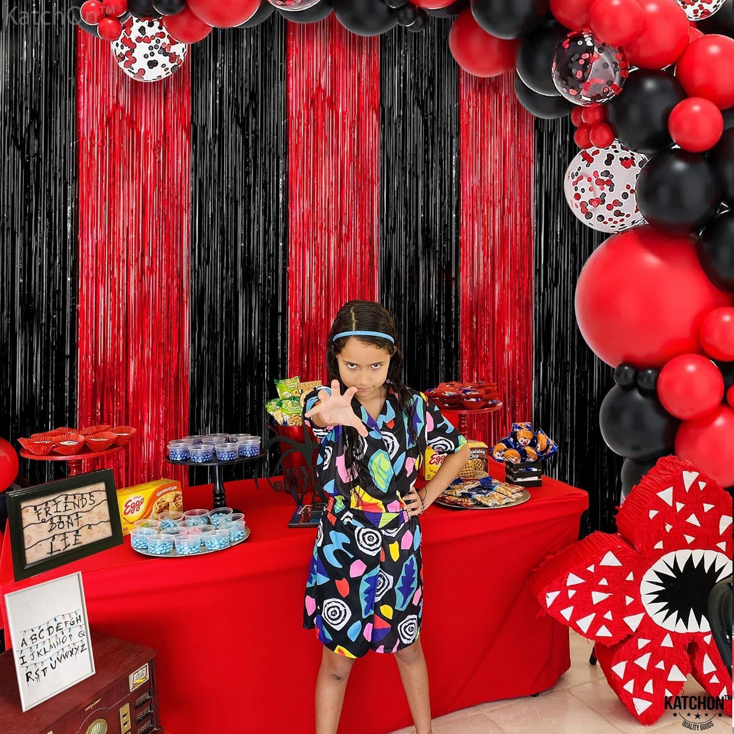 KatchOn Red and Black Fringe Curtain - 64x8 Ft Pack of 2