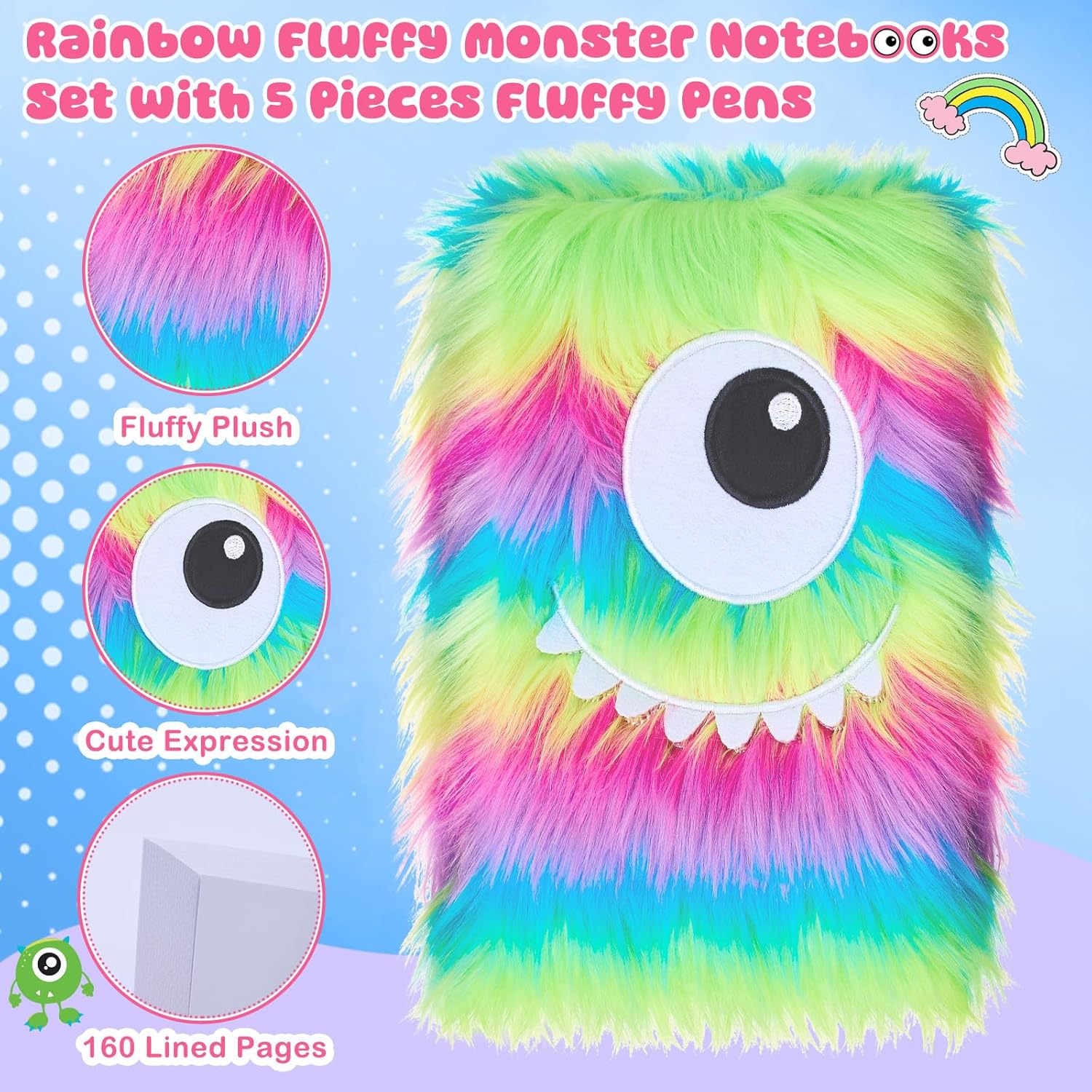 Outus Fluffy Rainbow Pens and Monster Notebooks Set