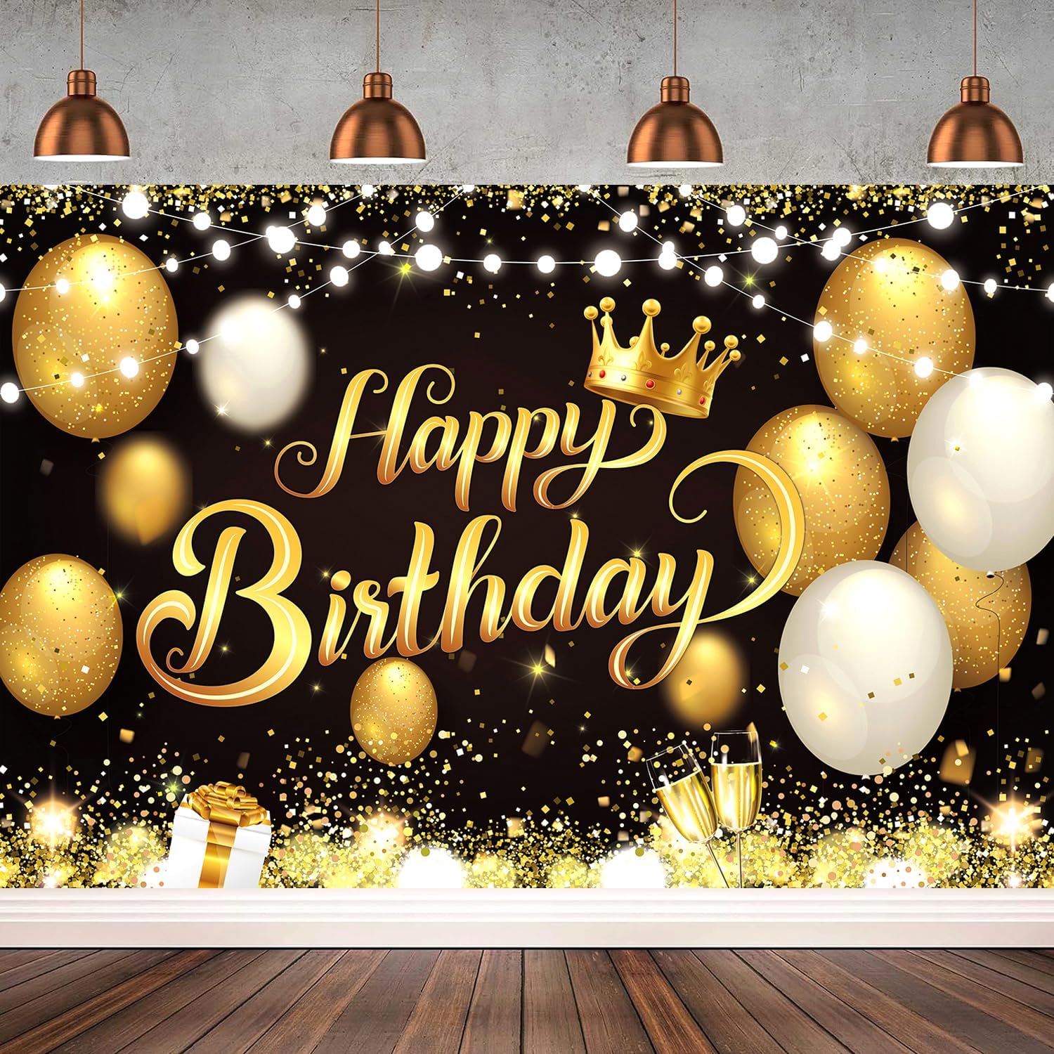 YinQin Black Gold Happy Birthday Party Backdrop Banner