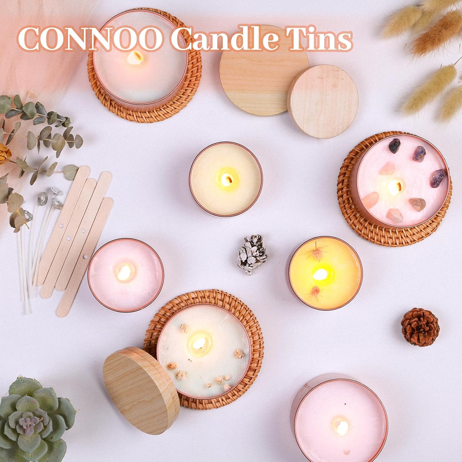 CONNOO 24 Pack Rose Gold Candle Tins with Lids for Candle Making