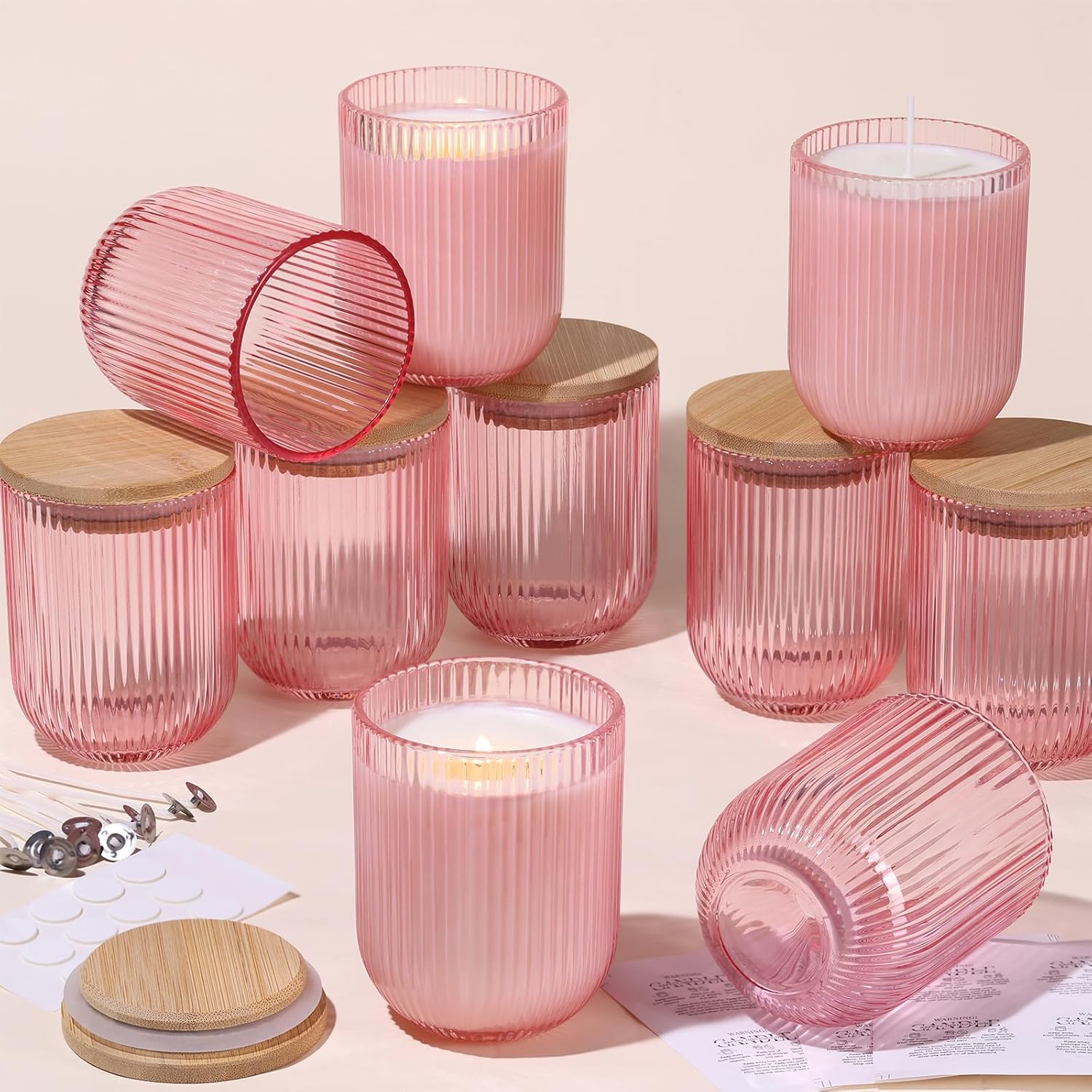 12PCS Pink Ribbed Candle Jars with Bamboo Lids and Wick Kit