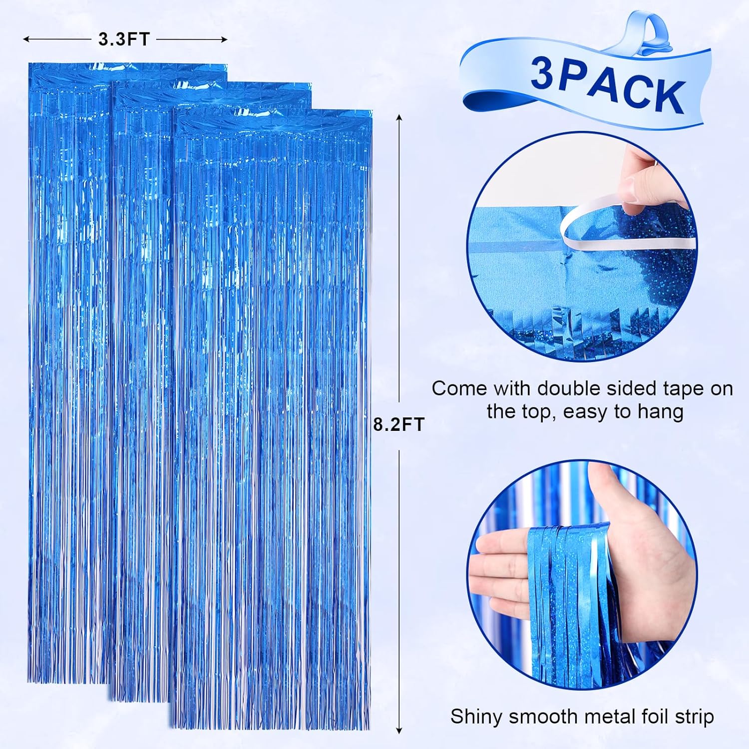 3 Pack Laser Blue Foil Fringe Backdrop Curtains for Parties