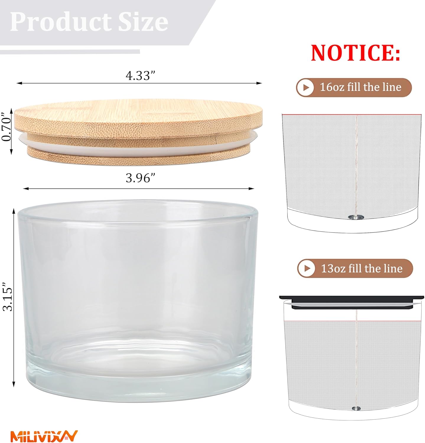 MILIVIXAY 6 Pack 16 oz Candle Jars with Bamboo Lids and Making Kit