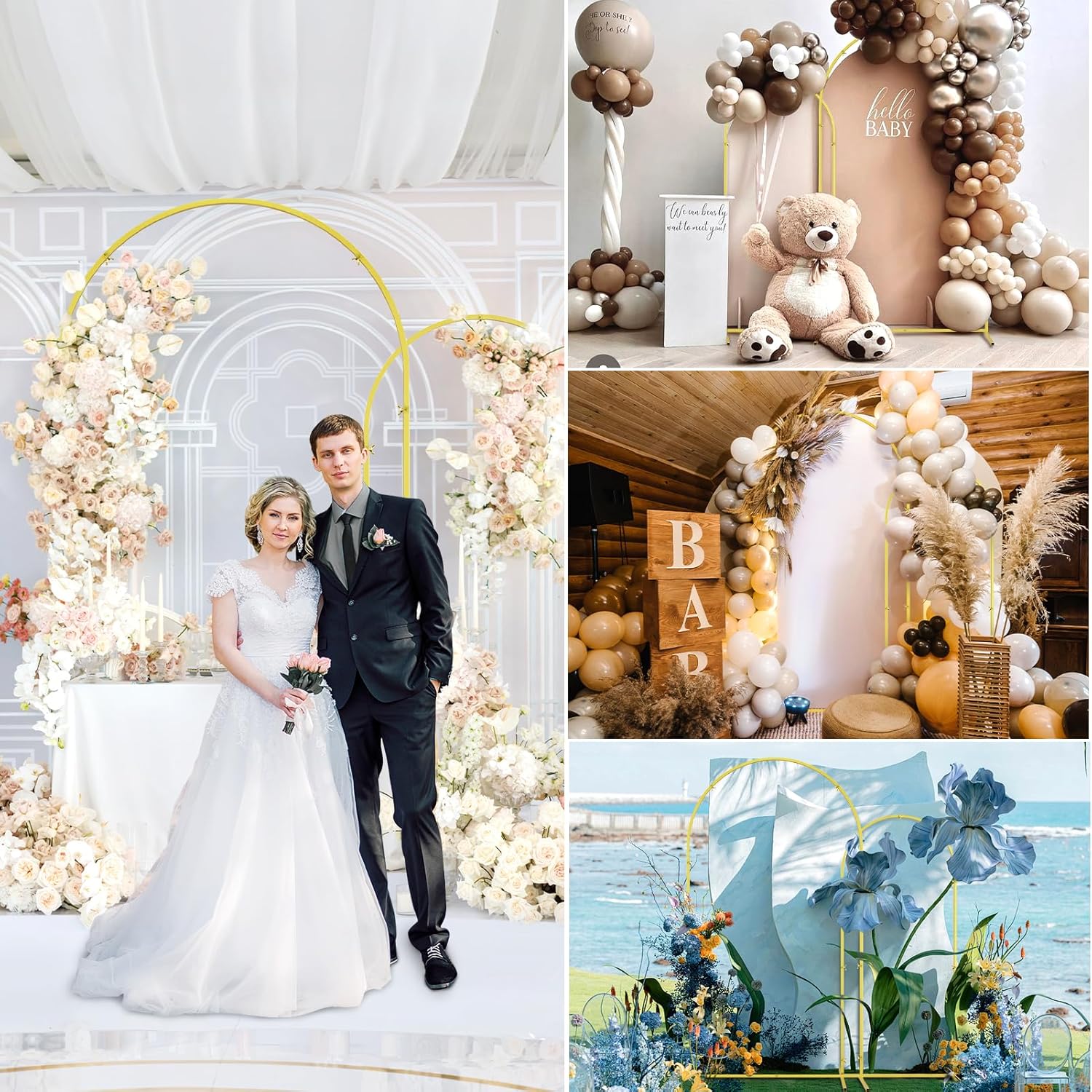 Set of 2 Gold Wedding Arch Backdrop Stands with Ground Stakes