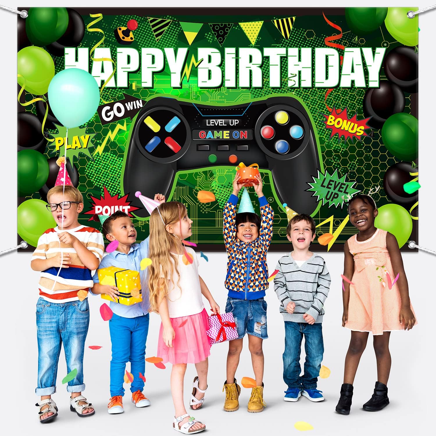 Blulu Gamer Themed Birthday Backdrop Banner Green