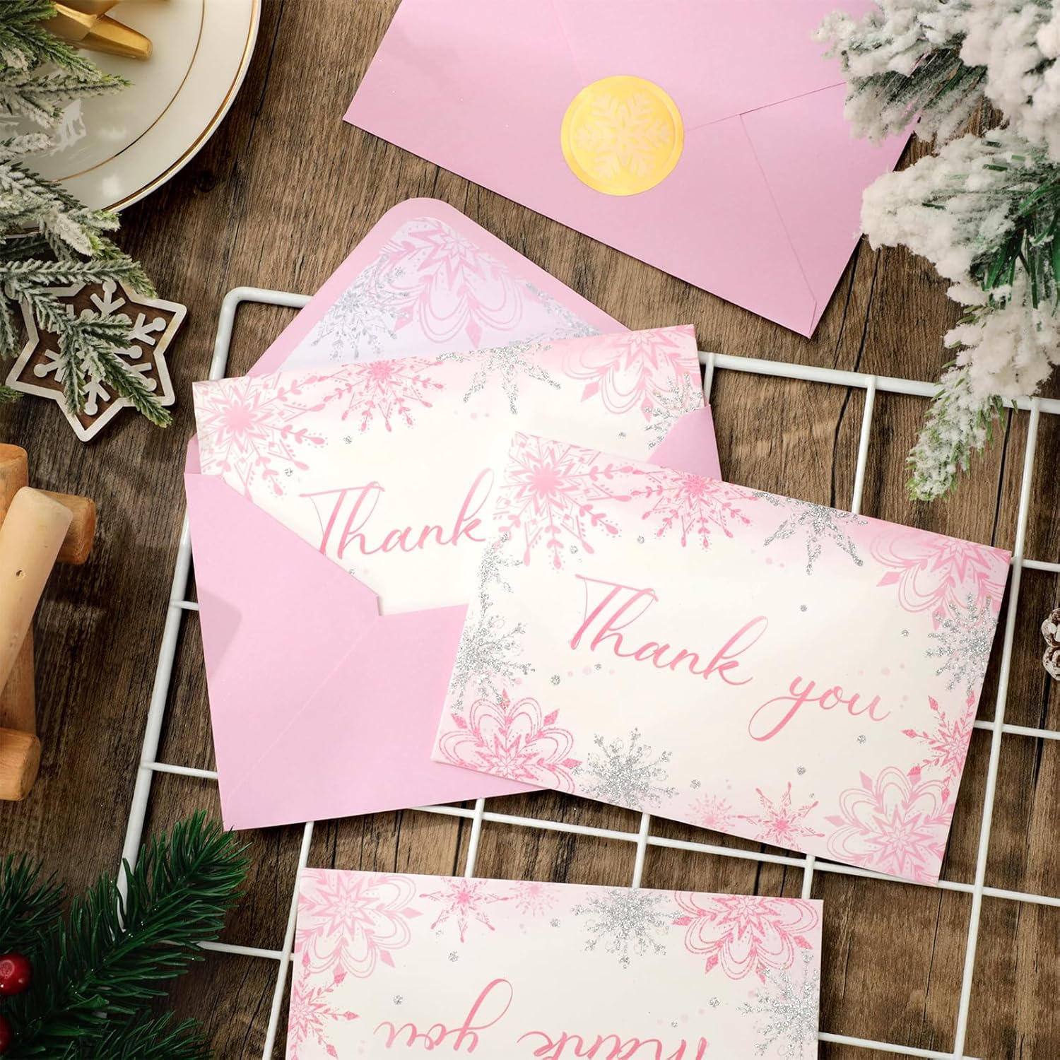 Whaline 24 Pack Pink Glitter Snowflake Thank You Cards with Envelopes