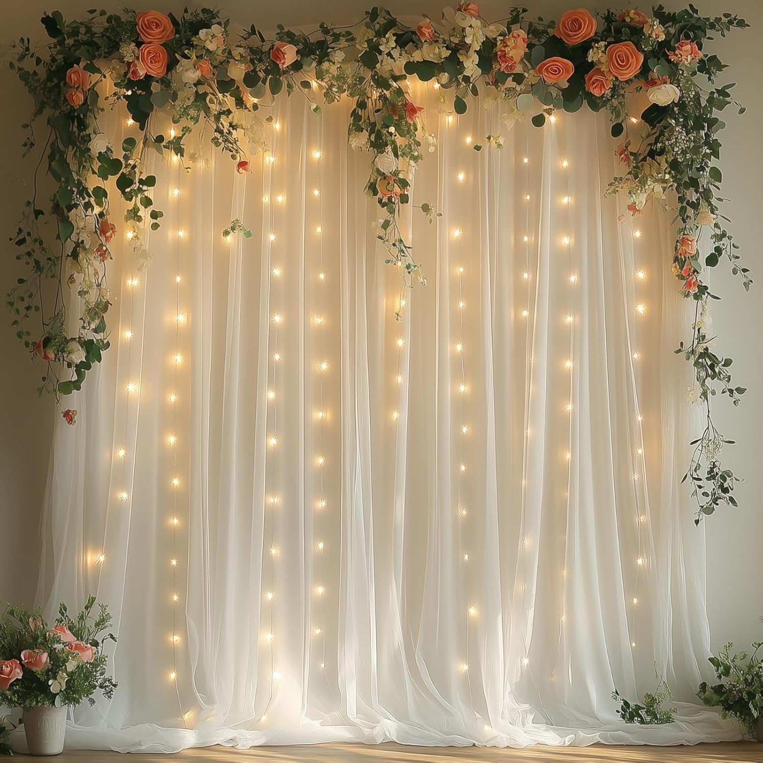 White Tulle Backdrop with LED String Lights - 10x10ft Wedding Party Background