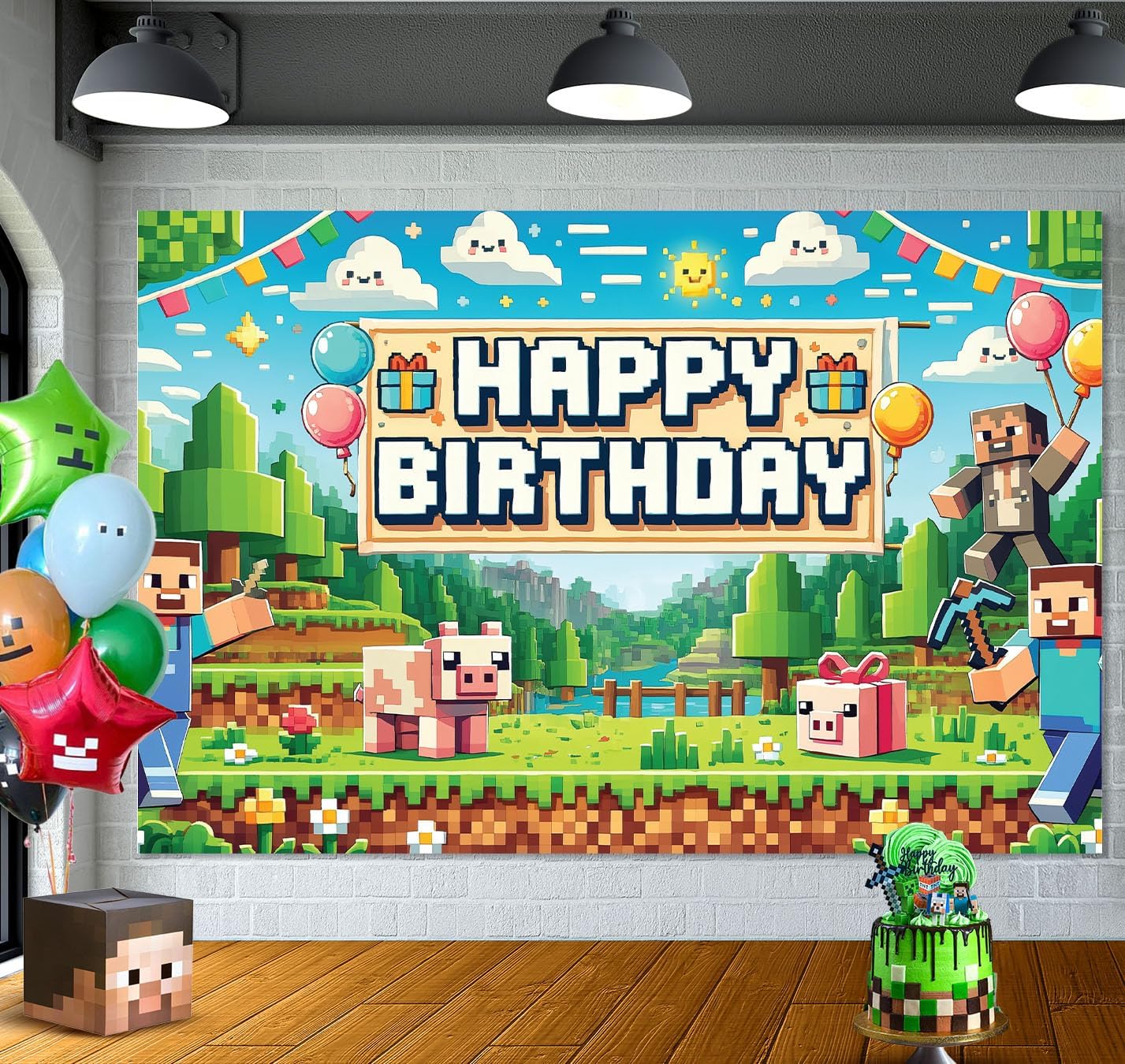 Pixel Gaming Birthday Banner for Boys 5x3ft Decorations