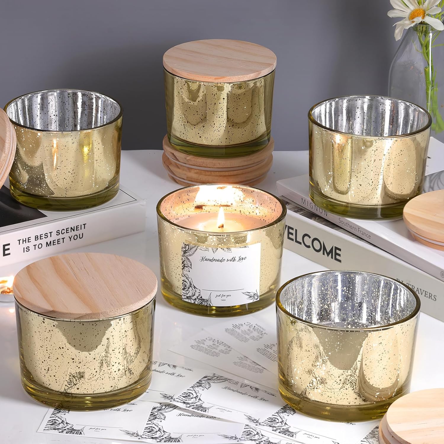Simeitol 16 Oz Gold Candle Jars 6 Pcs with Bamboo Lids