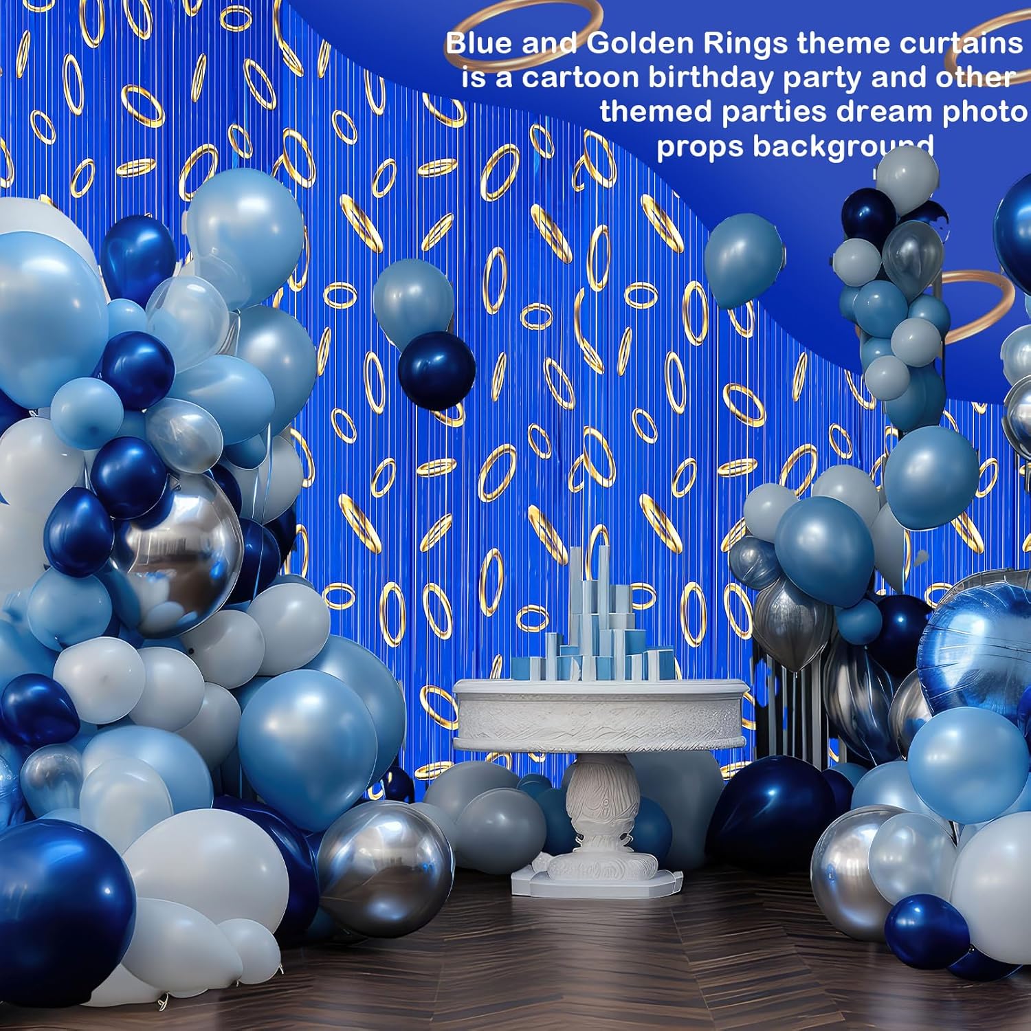 3 Pcs Blue with Gold Ring Print Party Backdrop Curtains