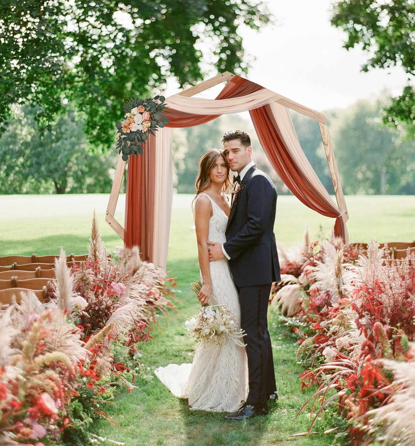 DearHouse 3 Panel Wedding Arch Draping Fabric 295 x 18ft Pearl Sheer Drapes