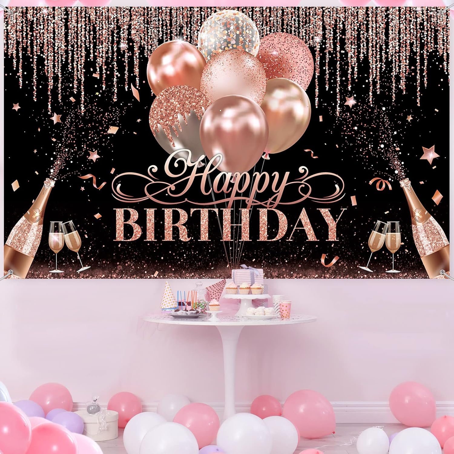 Tatuo Happy Birthday Backdrop Decorations Black Silver Rose Gold