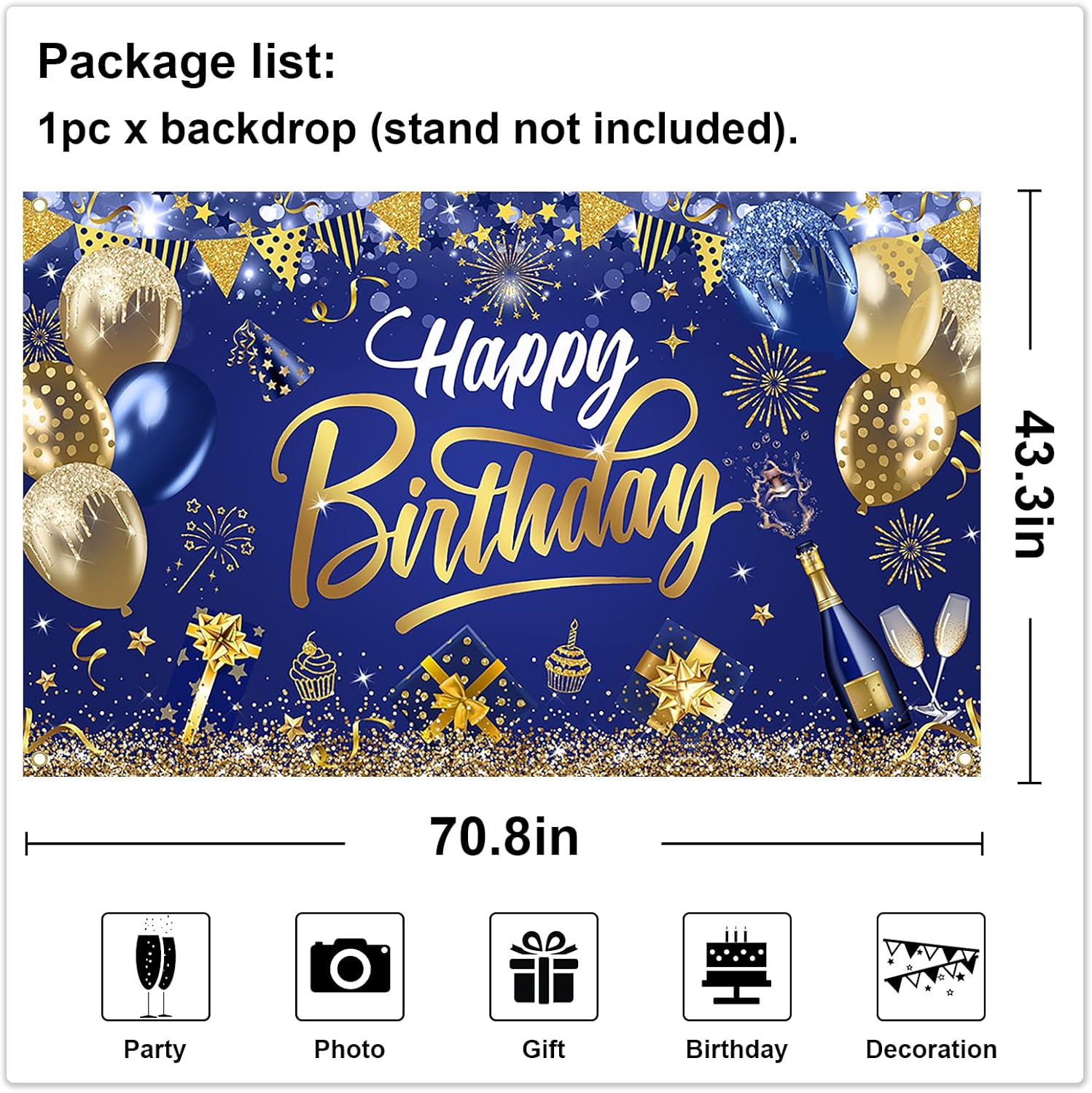 Mocsicka Happy Birthday Backdrop Blue Gold 6x36ft