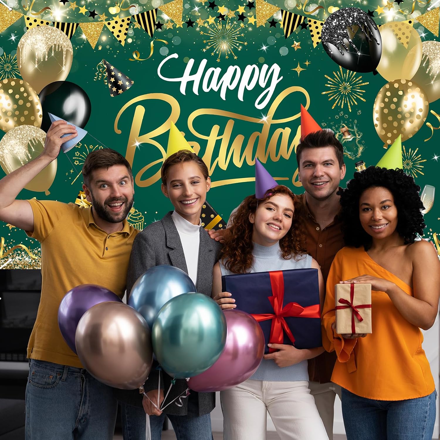 Happy Birthday Backdrop Green Gold Party Decoration Photo Booth Prop