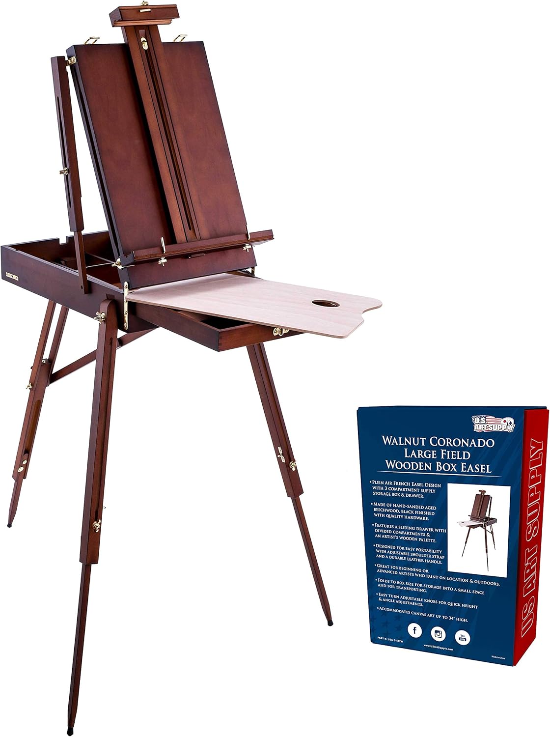 US Art Supply Large Walnut French Easel with Drawer and Palette