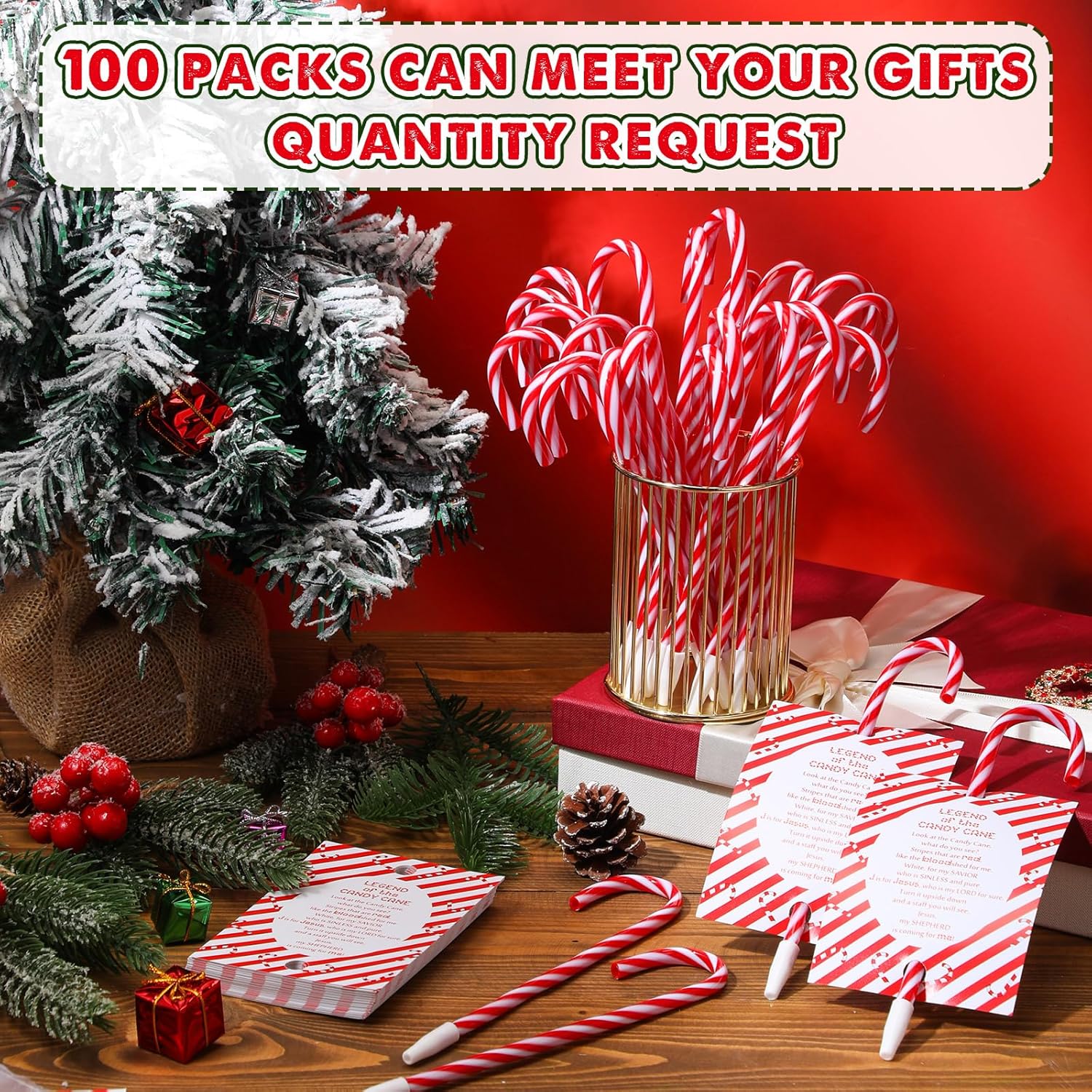 Qilery 100 Piece Christmas Candy Cane Pens with Cards