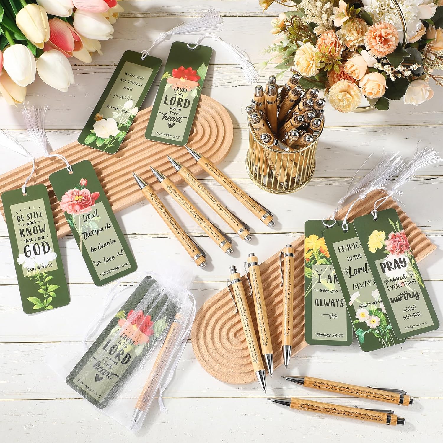 Spakon 100 Set Mothers Day Bible Verse Bookmarks Bamboo Pens Gift Bags