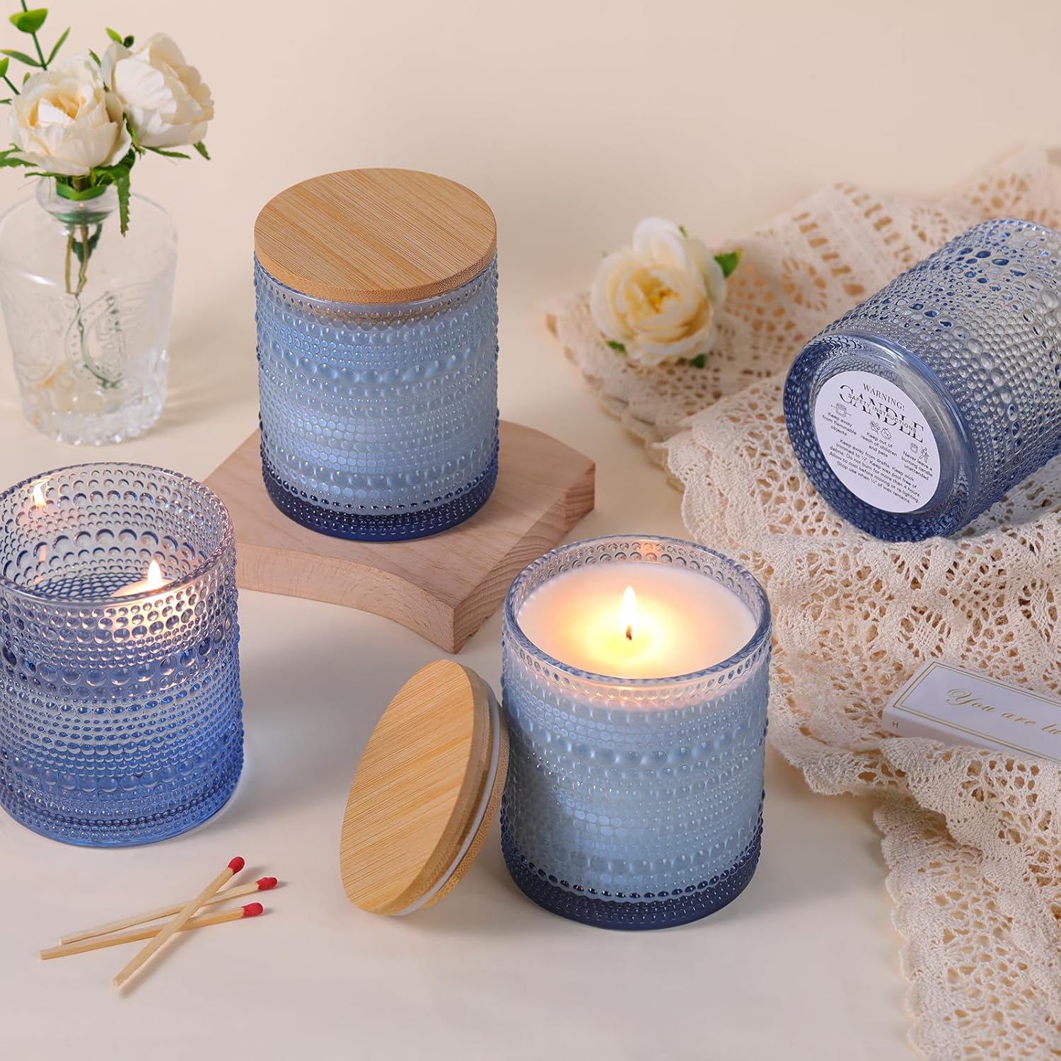 DARJEN 8 Pack Blue Candle Jars with Bamboo Lids and Labels