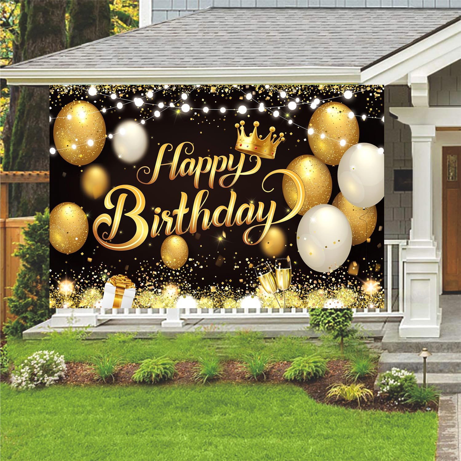 YinQin Black Gold Happy Birthday Party Backdrop Banner