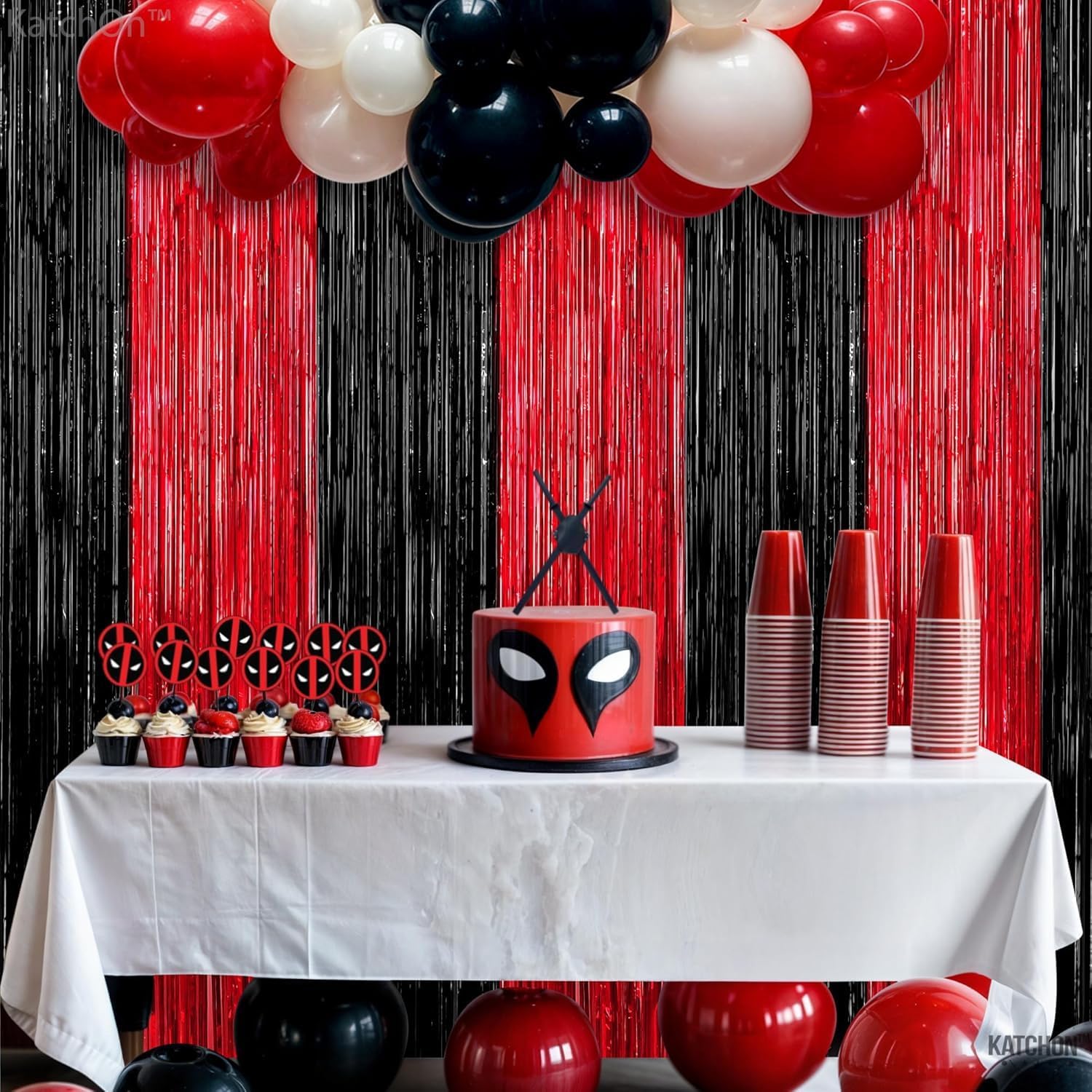 KatchOn Red and Black Fringe Curtain - 64x8 Ft Pack of 2