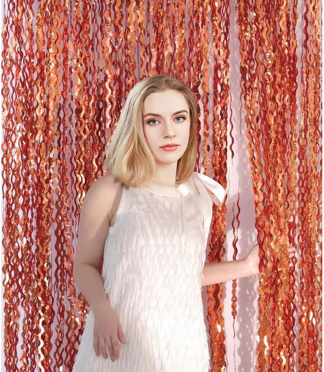 Orange Foil Wavy Fringe Backdrop Curtains 4 Pack