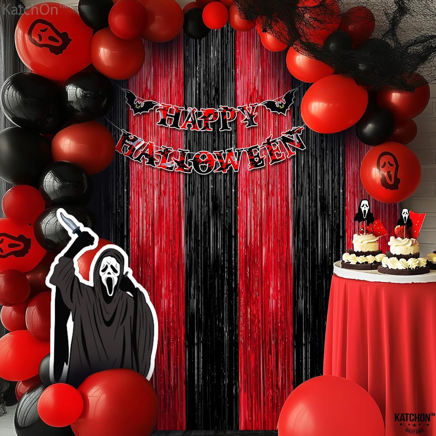 KatchOn Red and Black Fringe Curtain - 64x8 Ft Pack of 2