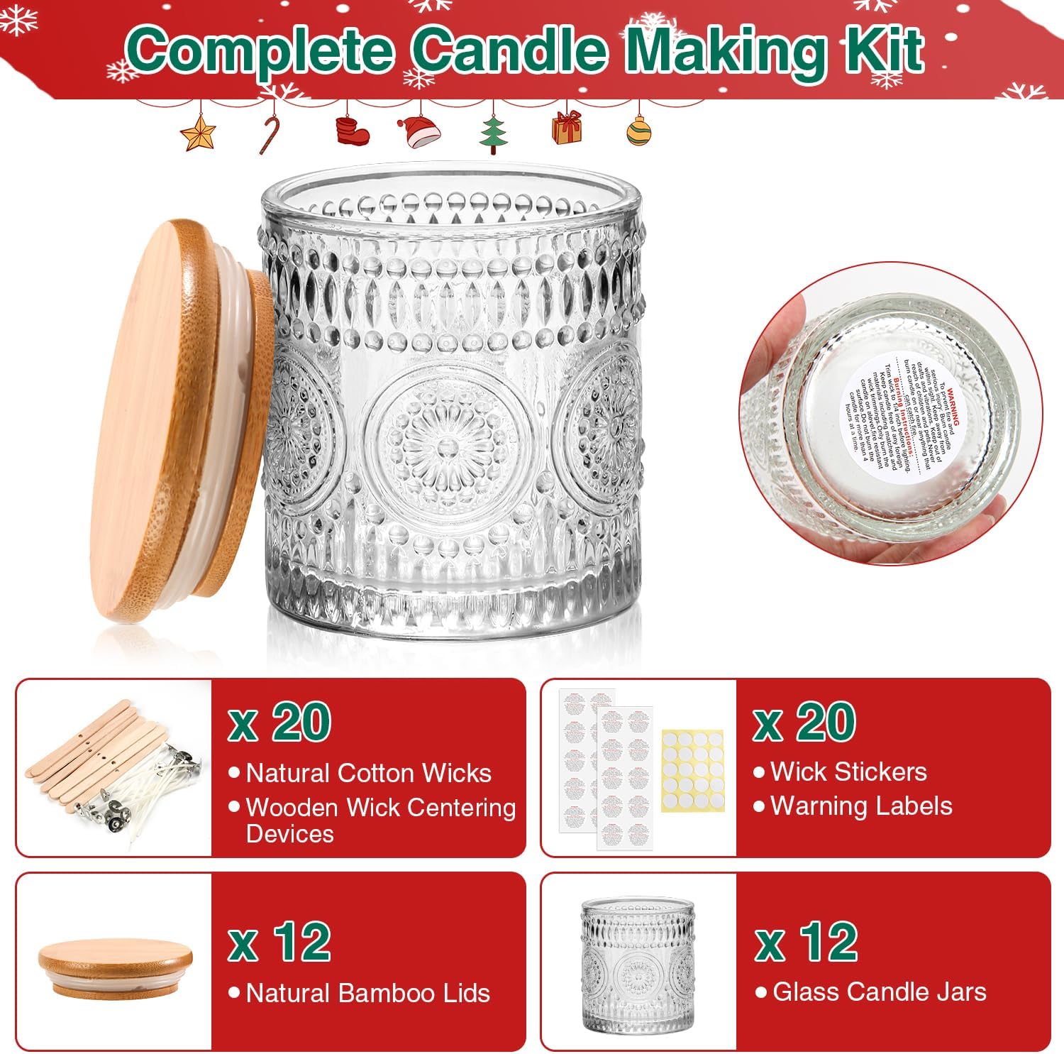 Christmas Candle Jars With Lids 12-Pack Reusable Containers