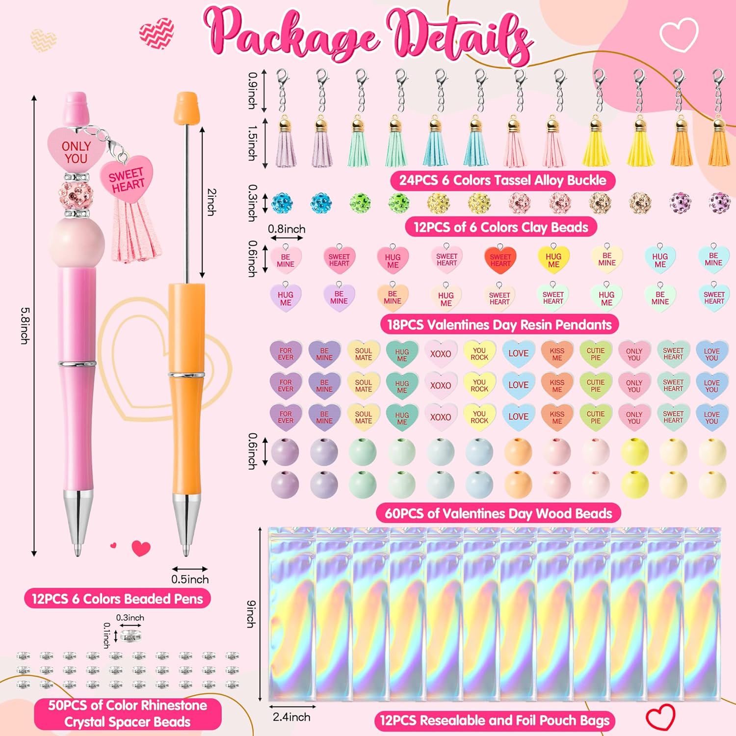 Valentines Day Beadable Pens Craft Kit - 188pcs