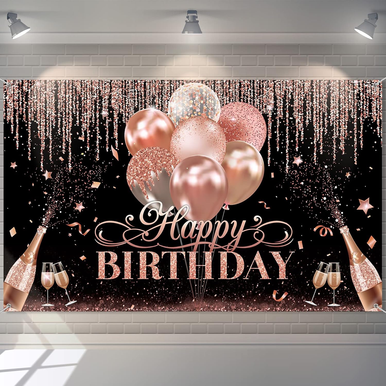 Tatuo Happy Birthday Backdrop Decorations Black Silver Rose Gold