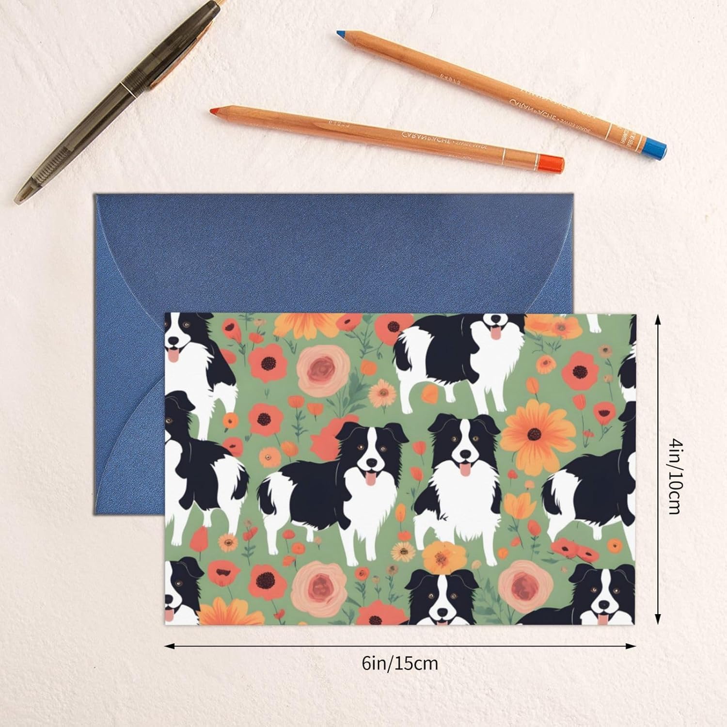 Blue Border Collie Florals Greeting Card 6x4 Inch
