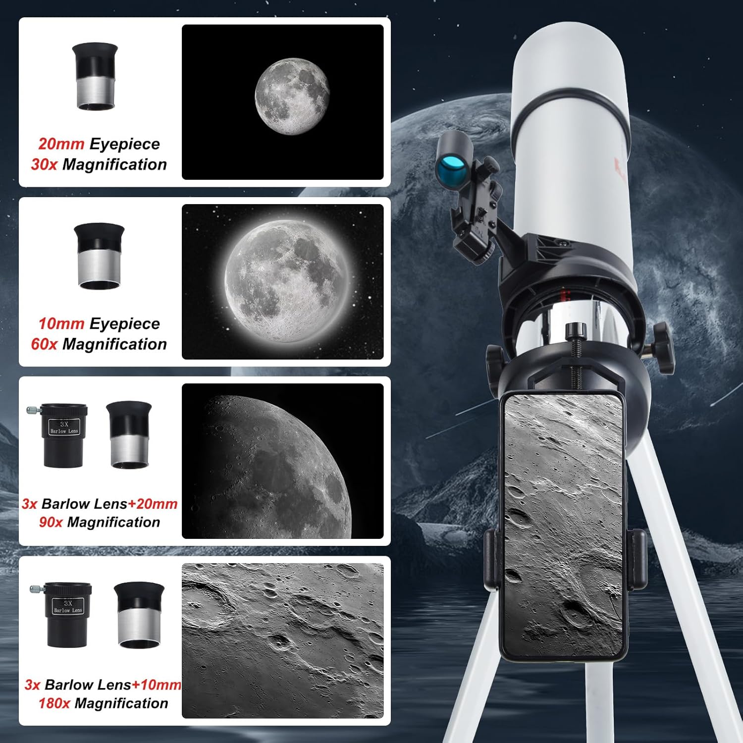 80mm Aperture Refractor Telescope for Adults with Phone Adapter and Tripod