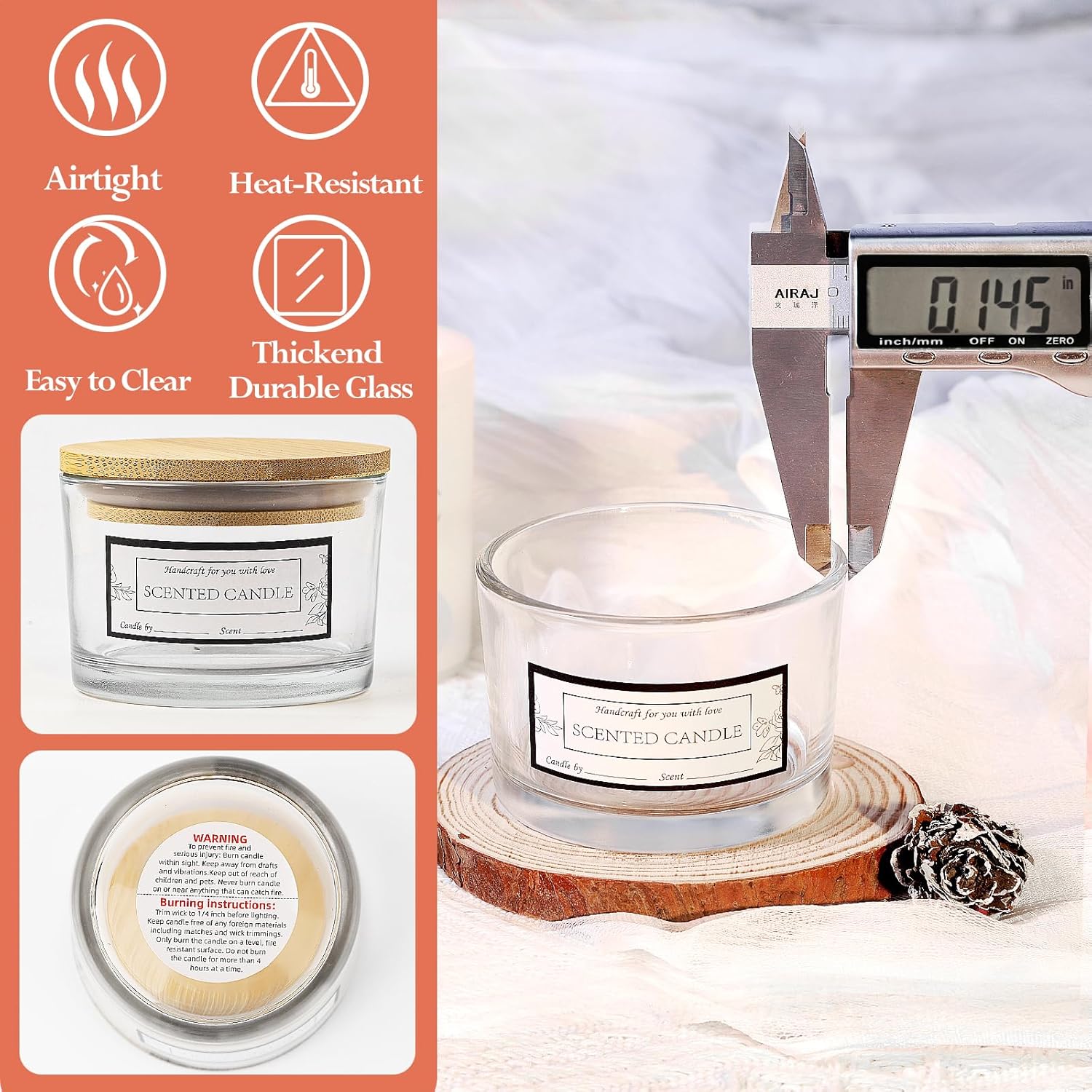 CONNOO 15 Pack 4 Oz Clear Glass Candle Jars with Airtight Bamboo Lids