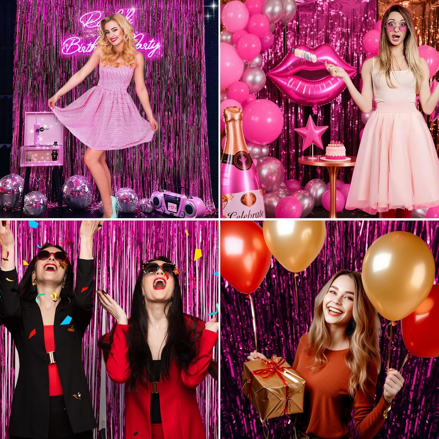 2 Pack Hot Pink Tinsel Backdrop for Party Decorations